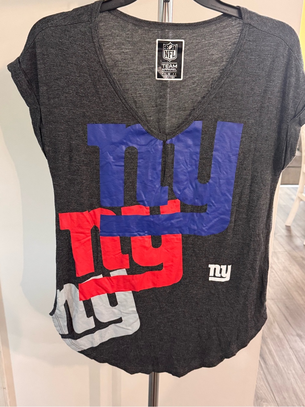 NFL New York Giants Charcoal V-Neck Tee with Blue & Red Logos